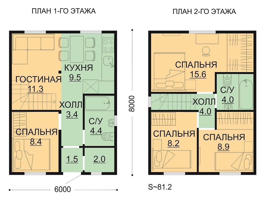 Проект ССК-81 — дом 8x6 81.2 кв.м. — до 100 кв.м. от ССК-ДОМ